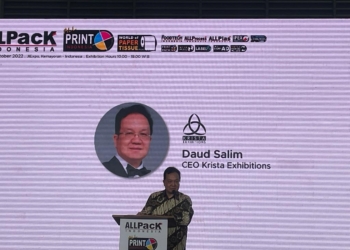 CEO of Krista Exhibitions Daud Salim delivers his speech during the opening ceremony of ALLPack ALLPrint 2022