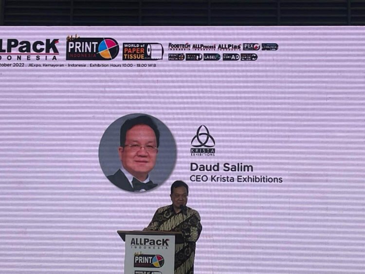 CEO of Krista Exhibitions Daud Salim delivers his speech during the opening ceremony of ALLPack ALLPrint 2022