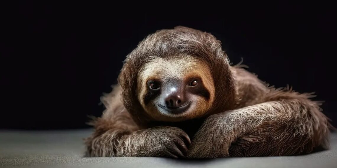 Image created with Adobe Firefly Model 2 using the prompt: Cinematic studio portrait of a sloth, shot on a solid black cyclorama.