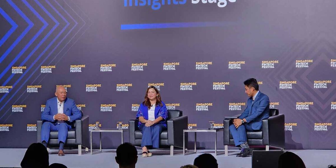 GCash CEO Martha Sazon featured at the Singapore Fintech Festival 2023 stage with Mynt Chairman Ernest Cu