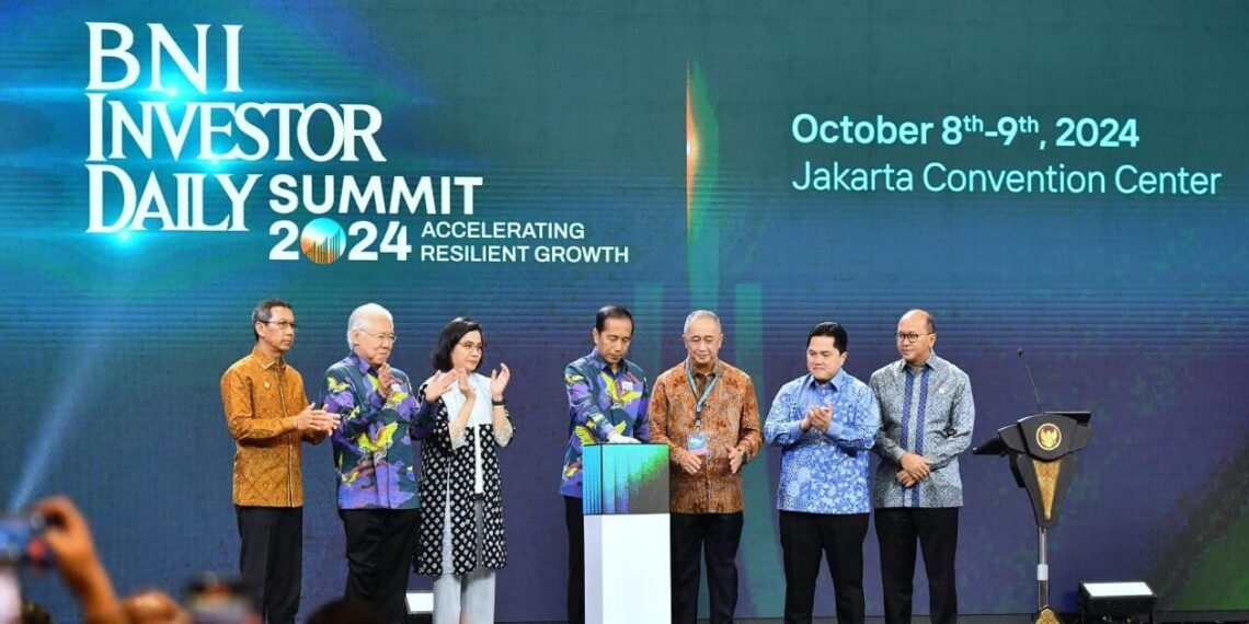 President Jokowi talked about the national leadership transition at BNI Investor Daily Summit 2024. Credit: BPMI Setpres