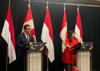 The Press Conference of the completion of Indonesia-Canada CEPA joint statement in Jakarta. (L to R) Trade Minister Budi Santoso and Canada’s Minister of Export Promotion, International Trade and Economic Development, Mary Ng. (Credit: Wulan)
