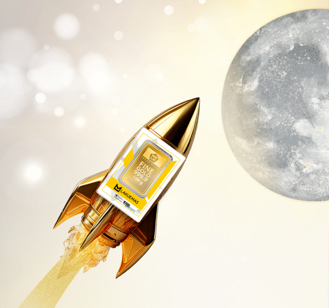Illustration of gold price to the moon amidst US-China tariff war. (Credit: Lakuemas docs.)