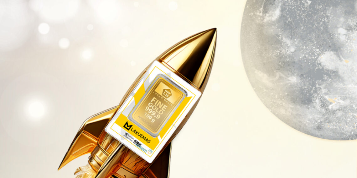 Illustration of gold price to the moon amidst US-China tariff war. (Credit: Lakuemas docs.)