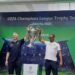 Bastian Schweinsteiger (left) and Luís Nani lift the trophy at UEFA Champions League Trophy Tour 2025 held by Heineken at Ashta, South Jakarta (04/14). Credit: Sinta